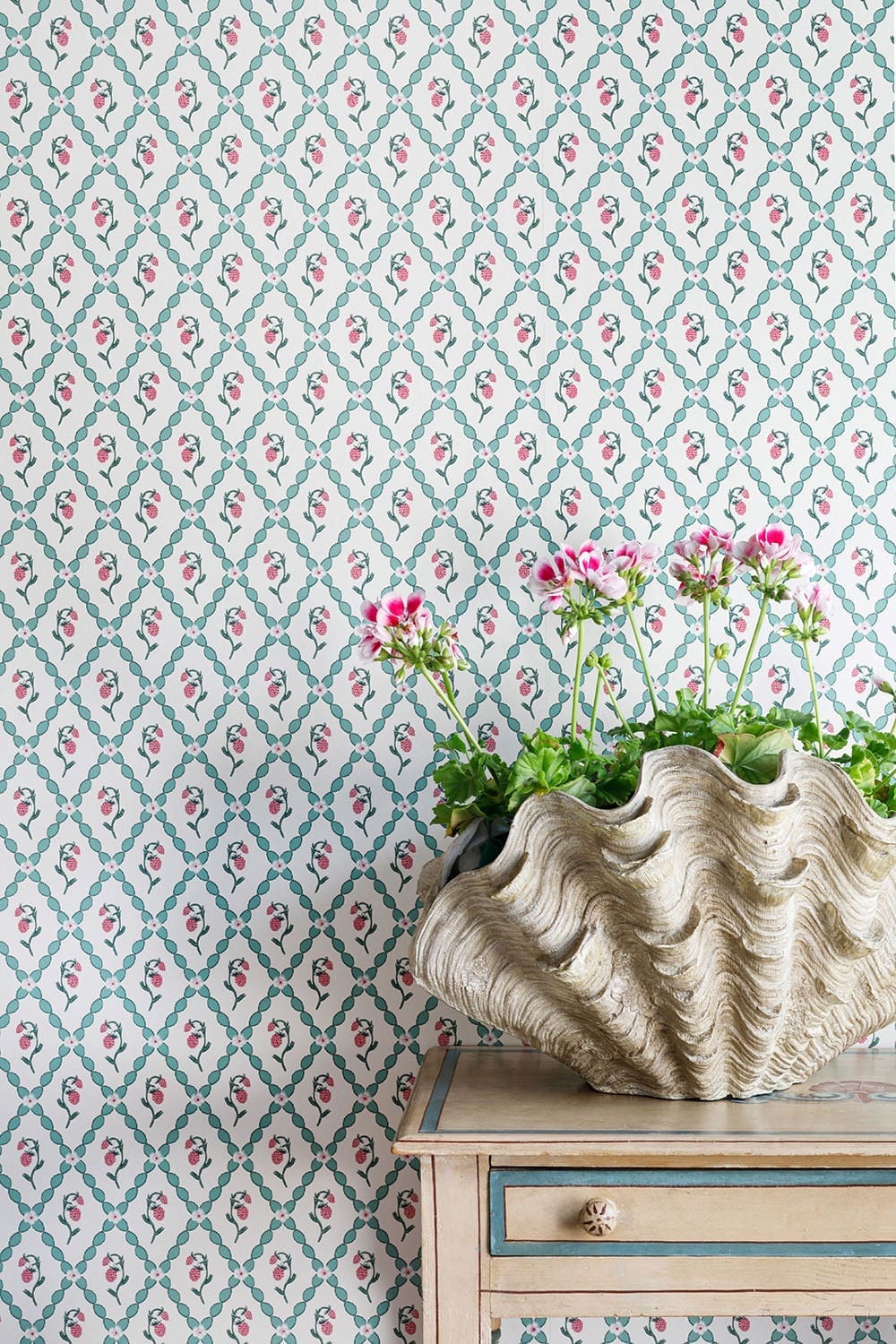 Wild Strawberry Trellis Wallpaper in Vintage Cream by Barneby Gates