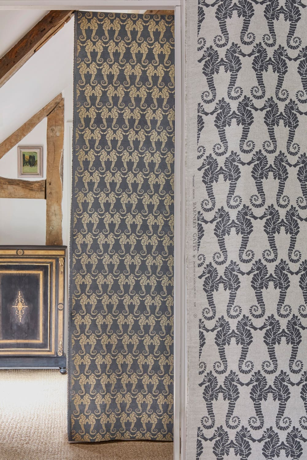 Seahorse Fabric in Charcoal on Natural by Barneby Gates
